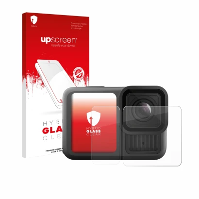 Parte frontal de un envase de producto con el logotipo de la marca upscreen. Al lado se muestra el dispositivo GoPro Hero 13 B