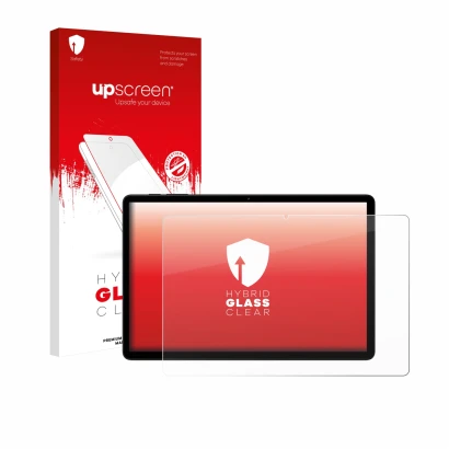 Parte frontal de un envase de producto con el logotipo de la marca upscreen. Al lado se muestra el dispositivo Doogee Tab G6 c