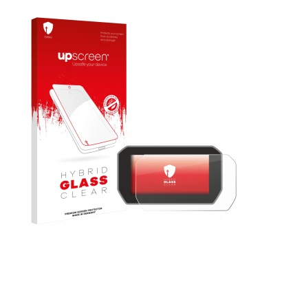 Parte frontal de un envase de producto con el logotipo de la marca upscreen. Al lado se muestra el dispositivo Ducati V4S 2021