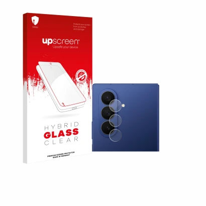 Parte frontal de un envase de producto con el logotipo de la marca upscreen. Al lado se muestra el dispositivo Samsung Galaxy 