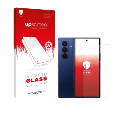 Parte frontal de un envase de producto con el logotipo de la marca upscreen. Al lado se muestra el dispositivo Samsung Galaxy 