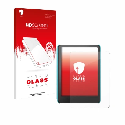 Parte frontal de un envase de producto con el logotipo de la marca upscreen. Al lado se muestra el dispositivo Amazon Kindle C