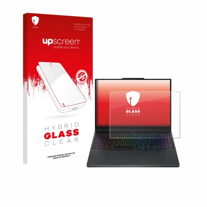 Parte frontal de un envase de producto con el logotipo de la marca upscreen. Al lado se muestra el dispositivo Lenovo Legion 5