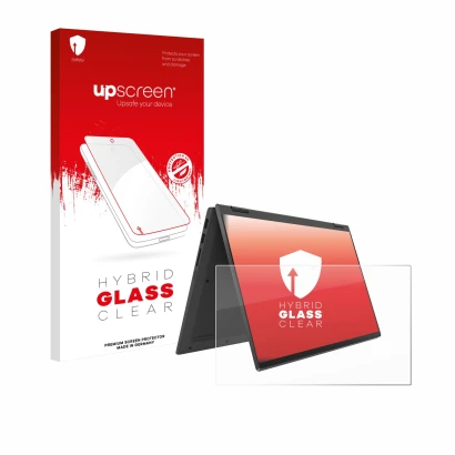 Parte frontal de un envase de producto con el logotipo de la marca upscreen. Al lado se muestra el dispositivo Lenovo IdeaPad 