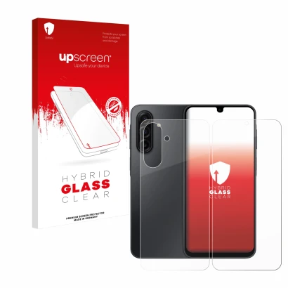 Parte frontal de un envase de producto con el logotipo de la marca upscreen. Al lado se muestra el dispositivo Samsung Galaxy 