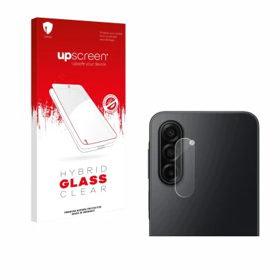 Parte frontal de un envase de producto con el logotipo de la marca upscreen. Al lado se muestra el dispositivo Samsung Galaxy 