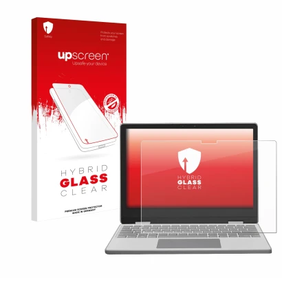 Parte frontal de un envase de producto con el logotipo de la marca upscreen. Al lado se muestra el dispositivo Framework Lapto