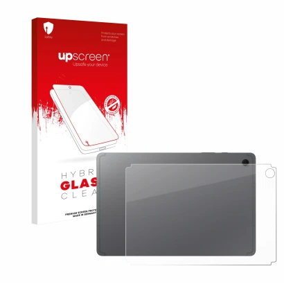 Parte frontal de un envase de producto con el logotipo de la marca upscreen. Al lado se muestra el dispositivo Samsung Galaxy 