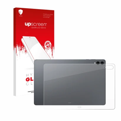 Parte frontal de un envase de producto con el logotipo de la marca upscreen. Al lado se muestra el dispositivo Samsung Galaxy 