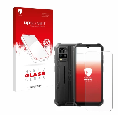 Parte frontal de un envase de producto con el logotipo de la marca upscreen. Al lado se muestra el dispositivo Blackview BV480