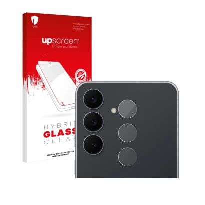 Parte frontal de un envase de producto con el logotipo de la marca upscreen. Al lado se muestra el dispositivo Samsung Galaxy 
