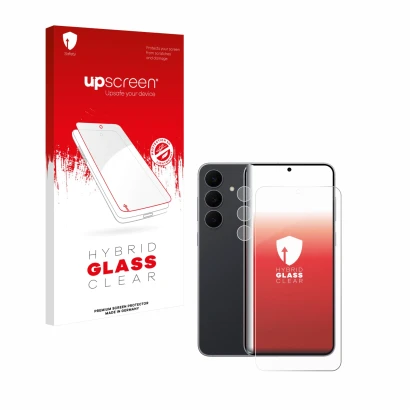 Parte frontal de un envase de producto con el logotipo de la marca upscreen. Al lado se muestra el dispositivo Samsung Galaxy 