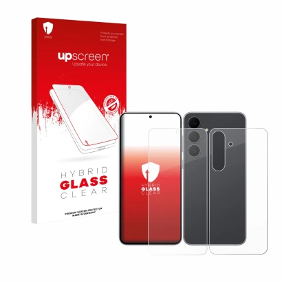 Parte frontal de un envase de producto con el logotipo de la marca upscreen. Al lado se muestra el dispositivo Samsung Galaxy 