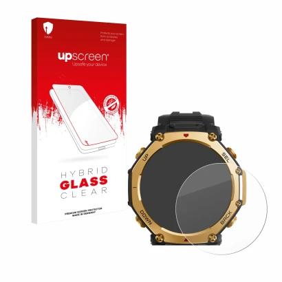 Parte frontal de un envase de producto con el logotipo de la marca upscreen. Al lado se muestra el dispositivo Huami Amazfit T