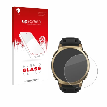Parte frontal de un envase de producto con el logotipo de la marca upscreen. Al lado se muestra el dispositivo Huami Amazfit T