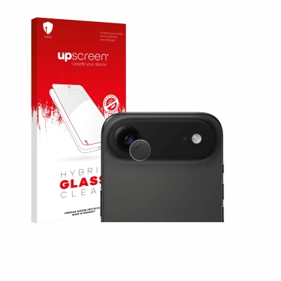 Parte frontal de un envase de producto con el logotipo de la marca upscreen. Al lado se muestra el dispositivo Apple iPhone Ai