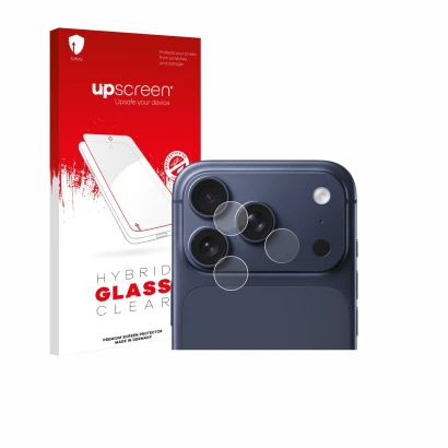 Parte frontal de un envase de producto con el logotipo de la marca upscreen. Al lado se muestra el dispositivo Apple iPhone 17