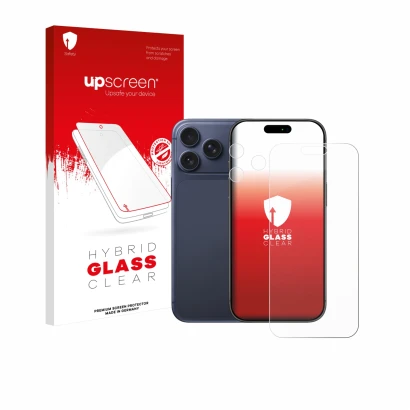 Parte frontal de un envase de producto con el logotipo de la marca upscreen. Al lado se muestra el dispositivo Apple iPhone 17