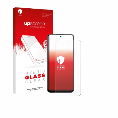Parte frontal de un envase de producto con el logotipo de la marca upscreen. Al lado se muestra el dispositivo Honor 400 Smart