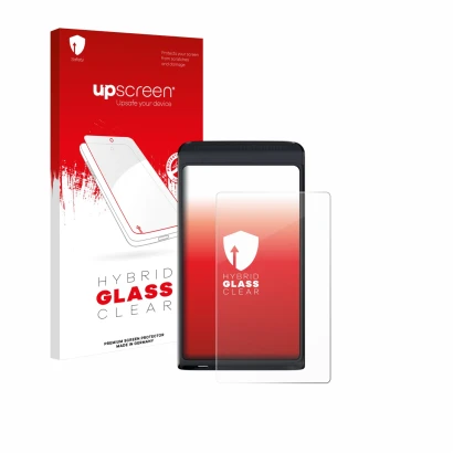 Parte frontal de un envase de producto con el logotipo de la marca upscreen. Al lado se muestra el dispositivo Vasco Translato