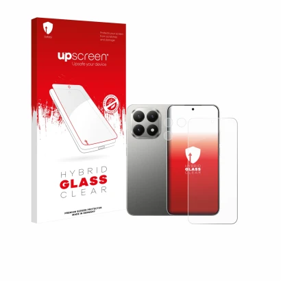 Parte frontal de un envase de producto con el logotipo de la marca upscreen. Al lado se muestra el dispositivo Xiaomi 15T (Fro