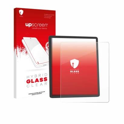 Parte frontal de un envase de producto con el logotipo de la marca upscreen. Al lado se muestra el dispositivo Amazon Kindle S