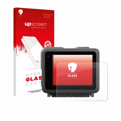 Parte frontal de un envase de producto con el logotipo de la marca upscreen. Al lado se muestra el dispositivo GoPro Lit Hero 