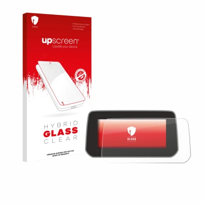 Parte frontal de un envase de producto con el logotipo de la marca upscreen. Al lado se muestra el dispositivo Mazda CX-5 2020