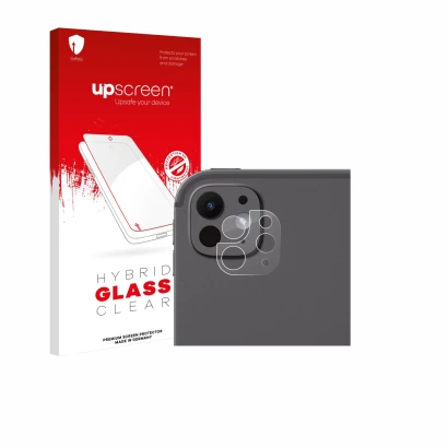 Parte frontal de un envase de producto con el logotipo de la marca upscreen. Al lado se muestra el dispositivo Apple iPad Pro 