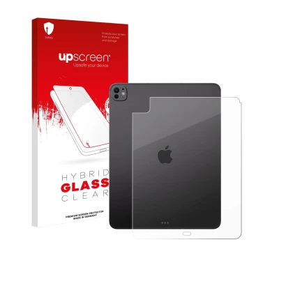 Parte frontal de un envase de producto con el logotipo de la marca upscreen. Al lado se muestra el dispositivo Apple iPad Pro