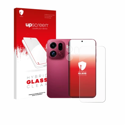 Parte frontal de un envase de producto con el logotipo de la marca upscreen. Al lado se muestra el dispositivo Oppo Find X9 Pr