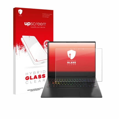 Parte frontal de un envase de producto con el logotipo de la marca upscreen. Al lado se muestra el dispositivo HP Omen Transce
