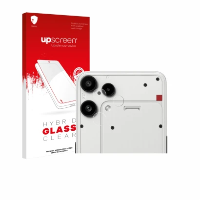 Parte frontal de un envase de producto con el logotipo de la marca upscreen. Al lado se muestra el dispositivo Nothing Phone (