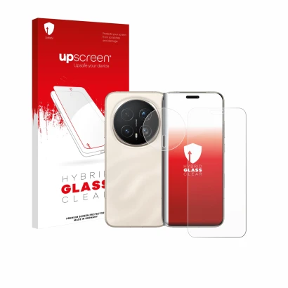 Parte frontal de un envase de producto con el logotipo de la marca upscreen. Al lado se muestra el dispositivo Honor Magic 8 P