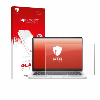 Parte frontal de un envase de producto con el logotipo de la marca upscreen. Al lado se muestra el dispositivo Dell Pro 14 Pre