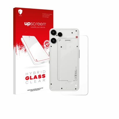 Parte frontal de un envase de producto con el logotipo de la marca upscreen. Al lado se muestra el dispositivo Nothing Phone (