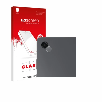 Parte frontal de un envase de producto con el logotipo de la marca upscreen. Al lado se muestra el dispositivo Samsung Galaxy