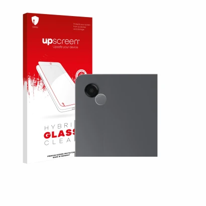 Parte frontal de un envase de producto con el logotipo de la marca upscreen. Al lado se muestra el dispositivo Samsung Galaxy 