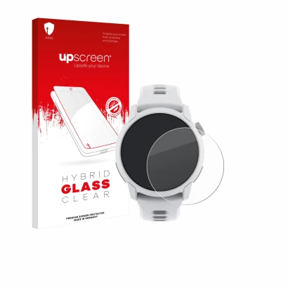 Parte frontal de un envase de producto con el logotipo de la marca upscreen. Al lado se muestra el dispositivo Coros Pace 4 co