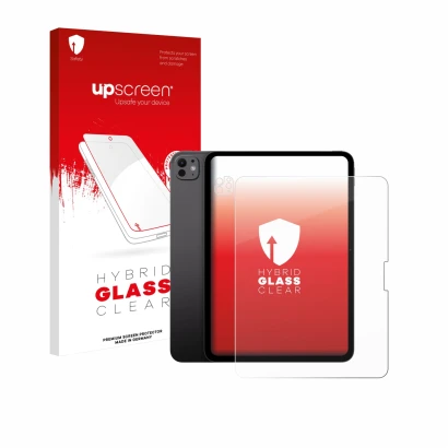 Parte frontal de un envase de producto con el logotipo de la marca upscreen. Al lado se muestra el dispositivo Apple iPad Pro 