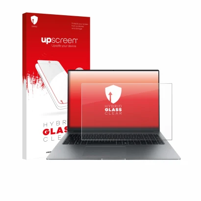 Parte frontal de un envase de producto con el logotipo de la marca upscreen. Al lado se muestra el dispositivo Honor MagicBook