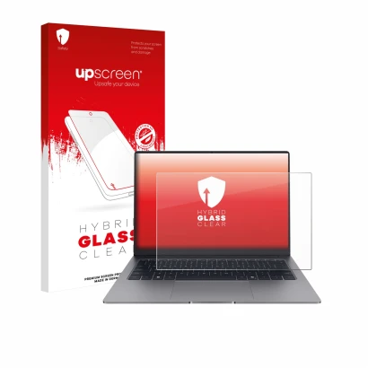 Parte frontal de un envase de producto con el logotipo de la marca upscreen. Al lado se muestra el dispositivo Honor MagicBook