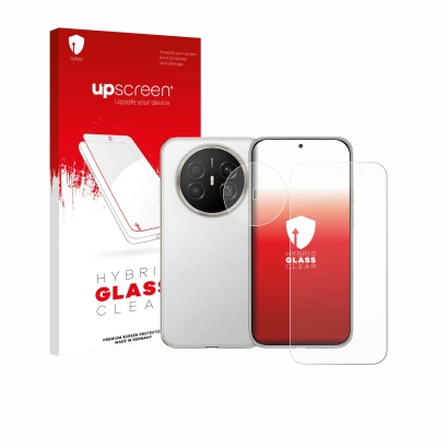 Parte frontal de un envase de producto con el logotipo de la marca upscreen. Al lado se muestra el dispositivo Huawei Mate 70