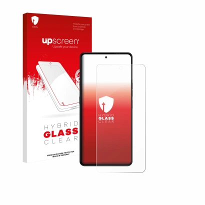 Parte frontal de un envase de producto con el logotipo de la marca upscreen. Al lado se muestra el dispositivo Gigaset GS6 con