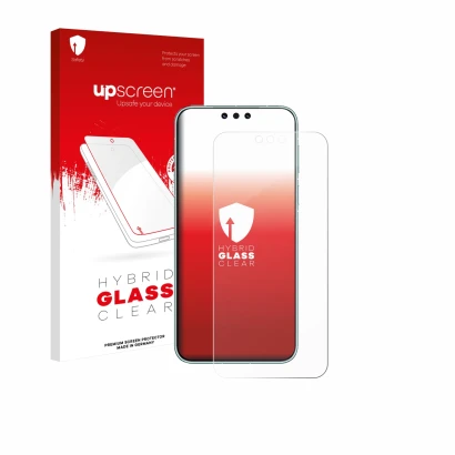 Parte frontal de un envase de producto con el logotipo de la marca upscreen. Al lado se muestra el dispositivo Huawei Mate 80 