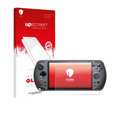 Parte frontal de un envase de producto con el logotipo de la marca upscreen. Al lado se muestra el dispositivo GPD Win 5 con s