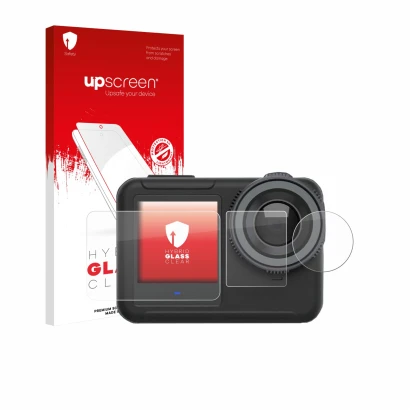 Parte frontal de un envase de producto con el logotipo de la marca upscreen. Al lado se muestra el dispositivo SVBONY SVGO3 4K