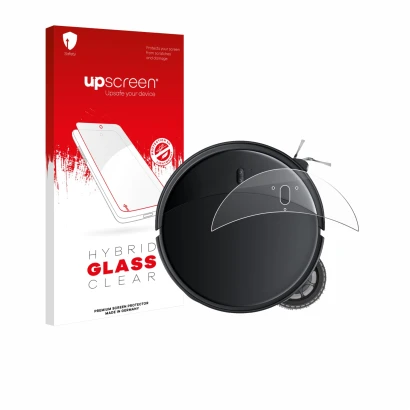 Parte frontal de un envase de producto con el logotipo de la marca upscreen. Al lado se muestra el dispositivo Roborock Saros 