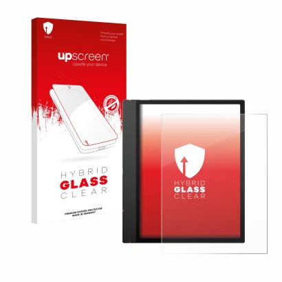 Parte frontal de un envase de producto con el logotipo de la marca upscreen. Al lado se muestra el dispositivo Boox Note Air 5
