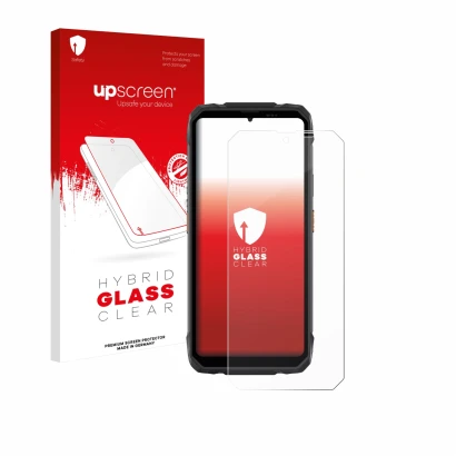 Parte frontal de un envase de producto con el logotipo de la marca upscreen. Al lado se muestra el dispositivo Blackview Rock 